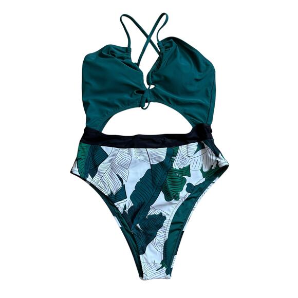 NWT Cupshe Swimsuit Green Palm Cutout Keyhole One Piece Medium Sexy Strappy - Picture 1 of 9